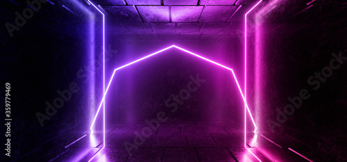 Sci Fi Futuristic Concrete Grunge Dark Warehouse Cyber Purple Blue Laser Beams Reflective Arc Shape Gradient Virtual Industrial Tunnel Corridor 3D Rendering © IM_VISUALS