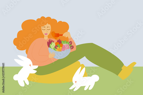 Illustration of a girl eating a bowl of fruits and vegetables with rabbits around her - Veganism