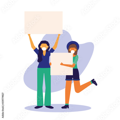 Women with medical masks and banners boards vector design