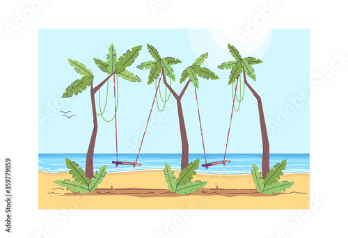 Palm trees with two swing semi flat vector illustration. Fun activity in tropical resort. Resort entertainment for kids. Travel relaxation. Beach activity 2D cartoon scenery for commercial use