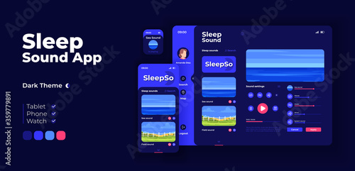 Sleep music app screen vector adaptive design template. Relaxing nature sounds for bedtime rest application light mode interface with flat illustrations. Smartphone, tablet, smart watch cartoon UI