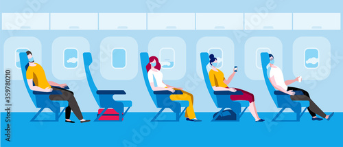 People in medical masks sit on the plane. Vector illustration in flat style. Traveling by plane during a pandemic.