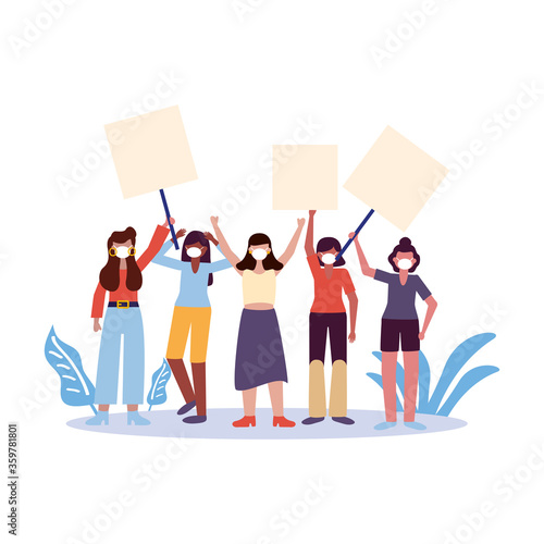 Women with medical masks and banners boards vector design