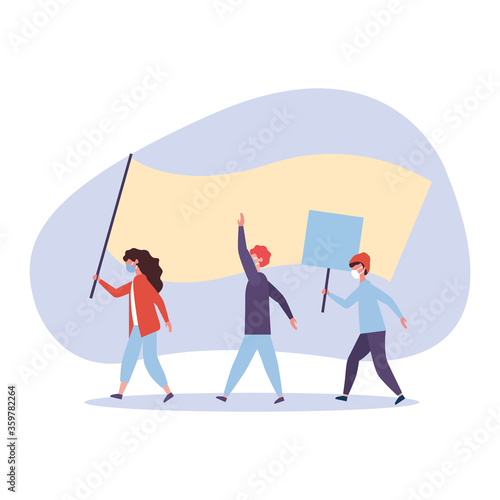 People with medical masks and banners boards vector design