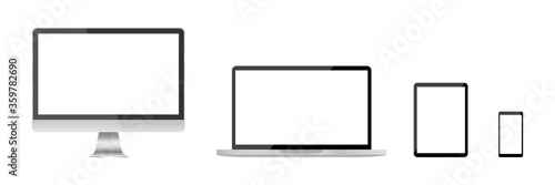 Set of realistic computer , laptop tablet and phone. Screen computer monitor. Vector icon. Digital technology consept .