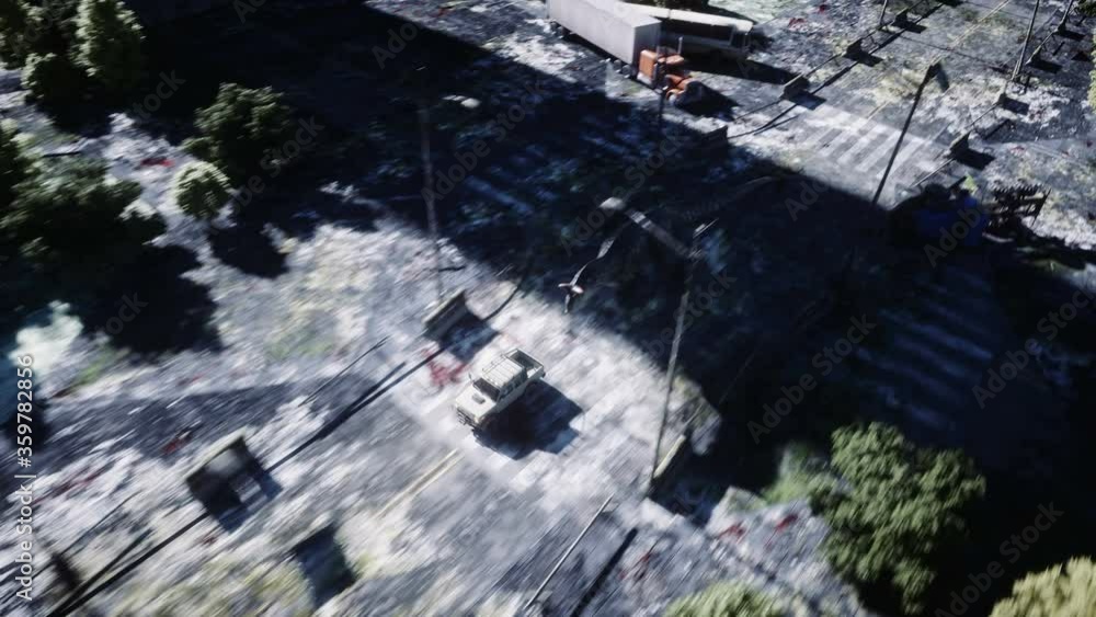 dinosaur rex running behind the car in destroyed city. Dinosaurs apocalypse. Concept of future. Realistic 4K animation. dinosaur rex running behind the car in destroyed city. Dinosaurs apocalypse. Concept of future. Realistic 4K animation.