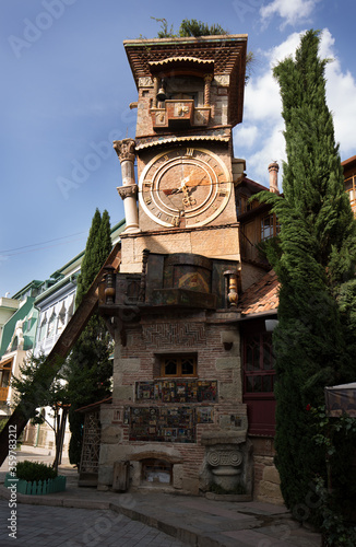 TBLISI, GEORGIA, JUNE 15: Leaning Clock Tower near Gabriadze theater located in the old town of Tblisi, Georgia on June 15, 2018