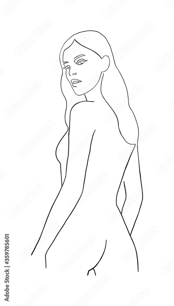 Hand drawn beauty body line art. Woman body backside silhouette art. Outline drawing naked body. Female back contour Hand drawn beauty body line art. Woman body backside silhouette art. Outline drawing naked body. Female back contour
