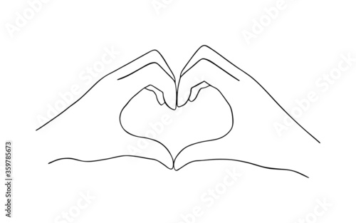 Line art drawing of hands showing love sign. Hand drawn outline vector illustration of heart shape. Romantic concept