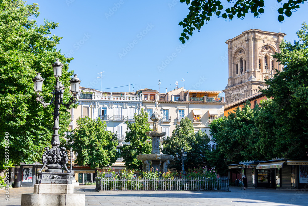 View of the Bibrambla square in Granada one summer morning