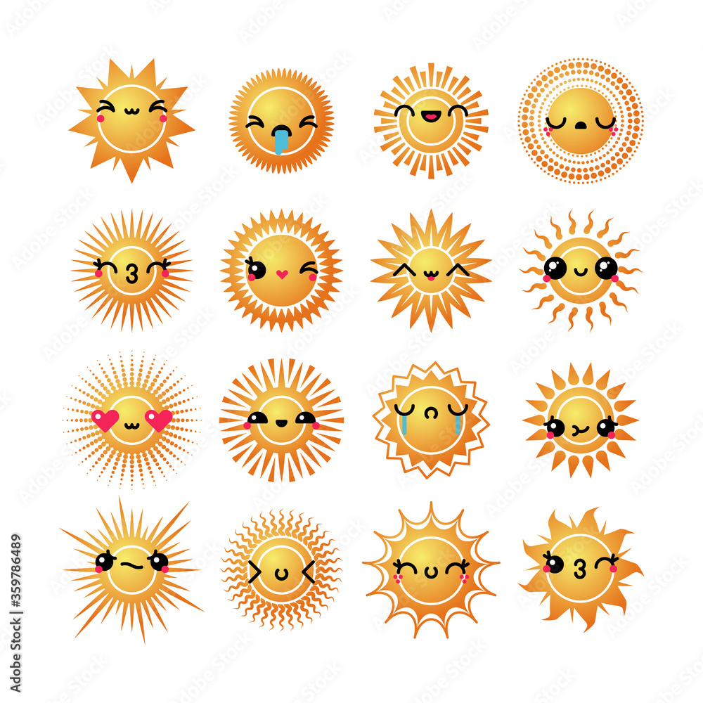 Set of various kawaii sun emoticons. Vector sunny light emoji, smile icons Set of various kawaii sun emoticons. Vector sunny light emoji, smile icons