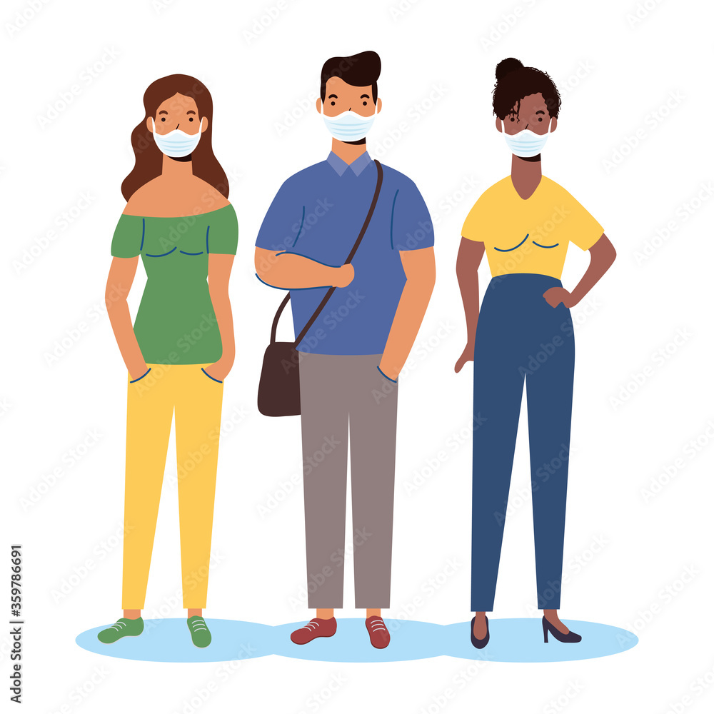 group of diversity people wearing medical masks characters