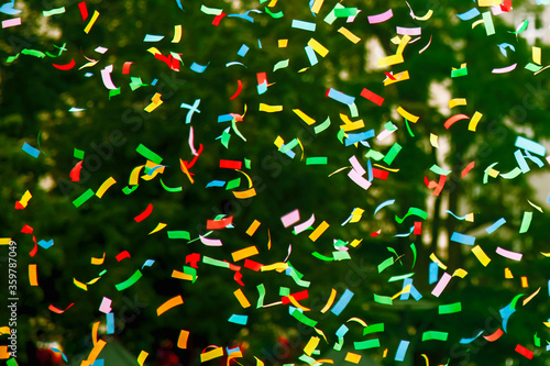 Close uo rainbow colors confetti at event for the protection of human rights and civil equality - LGBT Pride Parade.