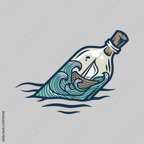 Boat swinging on the waves inside the bottle.