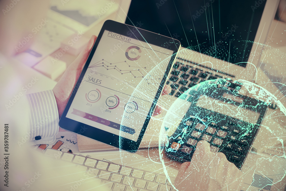 Double exposure of man's hands holding and using a phone and social network theme drawing. Double exposure of man's hands holding and using a phone and social network theme drawing.