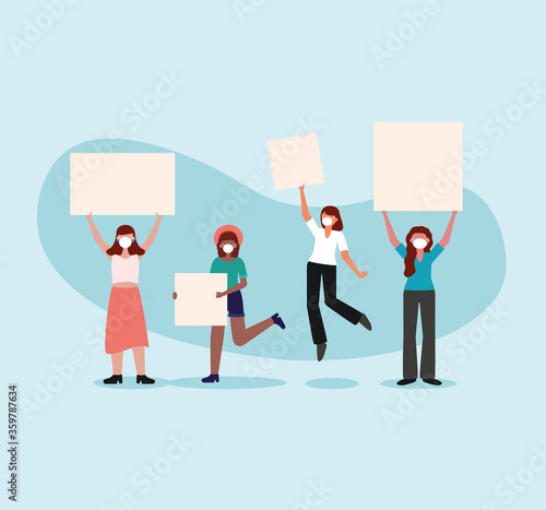 Women with medical masks and banners boards vector design