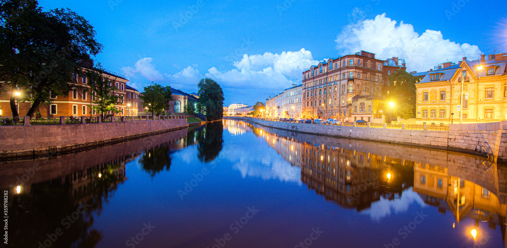 Moika river in Saint Petersburg at night . Panorama of night Saint Petersburg. The article is about tourism. Journey