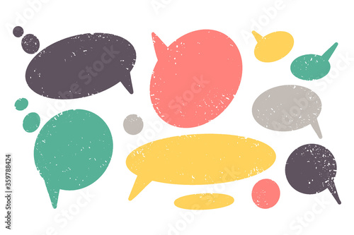 Hand drawn callout clouds. Speech bubbles various shapes and colors . Vector textured elements for designs.