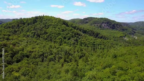 Drone shooting in Laurentides, Canada. Camera moving very slowly over the top of the trees, wide angle view of a green lush valley.