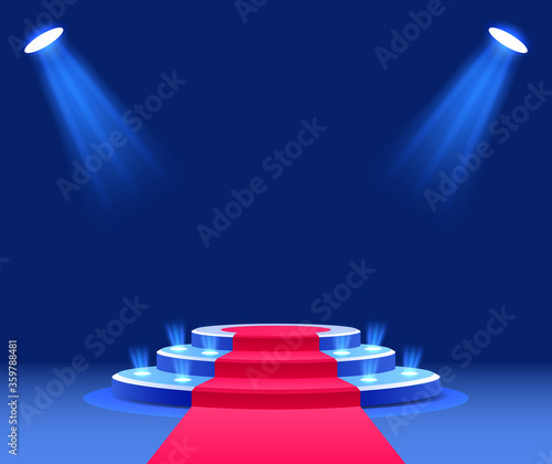 Lighted podium at the award ceremony with a red carpet.