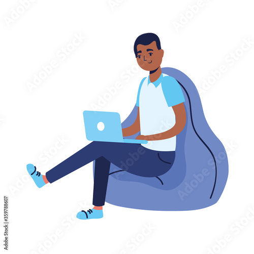 Man with laptop on puf vector design