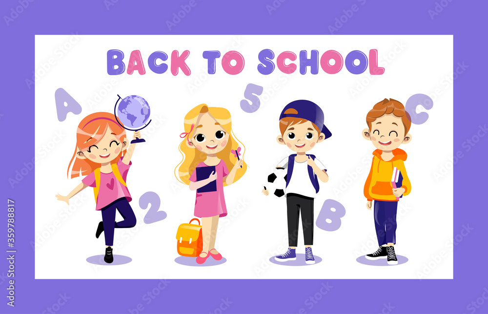 Concept Of Back To School. Kids Ready To Study In New Academic Year. Happy Classmates Boys And Girls Standing In A Row Together Holding Globe, Ball And Book In Hands. Cartoon Flat Vector Illustration Concept Of Back To School. Kids Ready To Study In New Academic Year. Happy Classmates Boys And Girls Standing In A Row Together Holding Globe, Ball And Book In Hands. Cartoon Flat Vector Illustration
