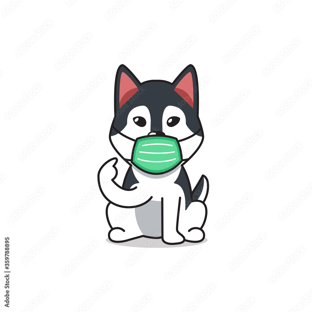 Cartoon character siberian husky dog wearing protective face mask for design. Cartoon character siberian husky dog wearing protective face mask for design.