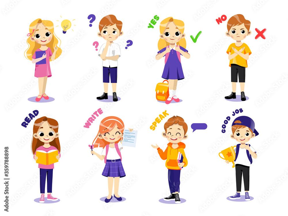 Back To School Concept. Set Of Children In Awkward Age Expressing Various Emotions. Boys And Girls Teens With School Items. Creative Kids Standing In A Row Together. Cartoon Flat Vector Illustration