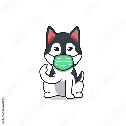 Cartoon character siberian husky dog wearing protective face mask for design. © jaaakworks