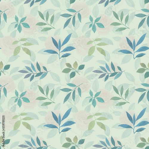 Seamless botanical pattern for design on a light green background. Watercolor ornament of soft green leaves. Ornament for print  wallpaper and textile.