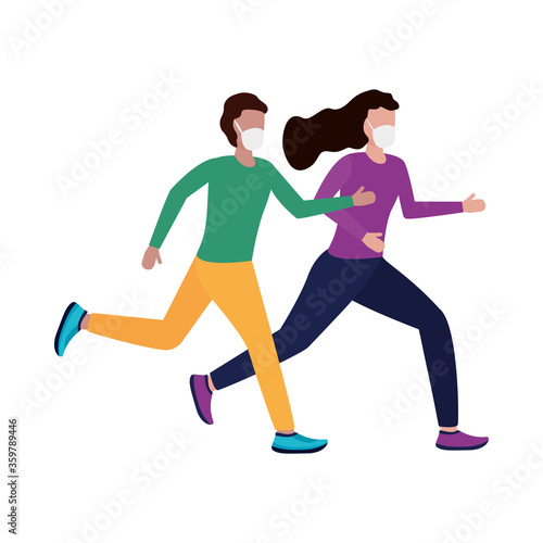 Woman and man with medical mask running vector design © Gstudio