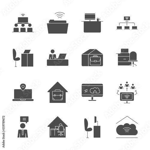 office desks and work icon set, silhouette style