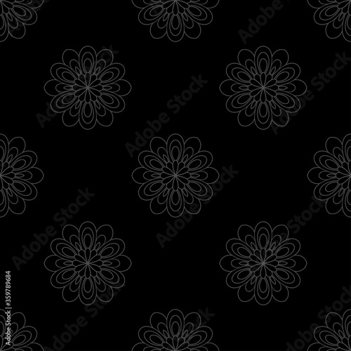 Abstract gray mandala flowers on black background. Seamless doodle pattern. Suitable for packaging, textile.