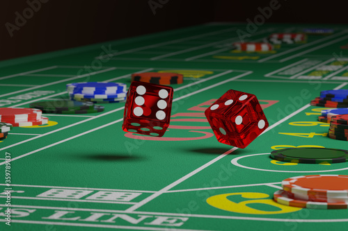 Close up of dice rolling on a craps table. Random concept. 3d illustration. photo