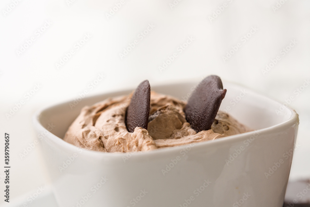 Chocolate mousse in a bowl against white background Chocolate mousse in a bowl against white background