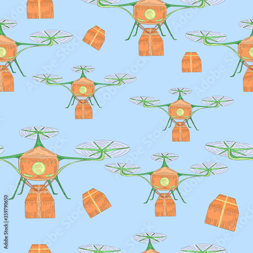 Seamless Pattern with Hand Drawn Flying Drones