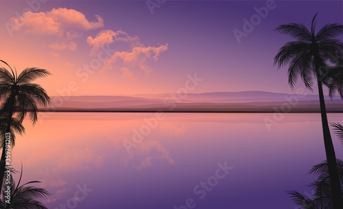 palm trees at sunrise with orange sea and clouds 