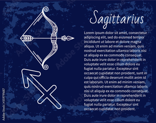 Sagittarius decorative design of mutable zodiac sign used for horoscopes and predictions. Isolated icon of ninth symbol of astrology. Element of archer with bow and arrow. Vector in flat style