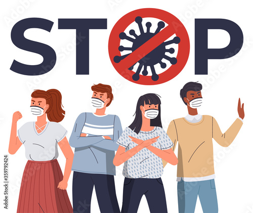 Group of multinational people in face medical masks protesting against world epidemic. Group of characters gesturing stop signs at white background. Concept of covid19. Stop gesture, crossed out sign
