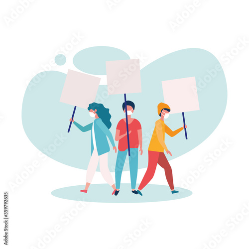 People with medical masks and banners boards vector design