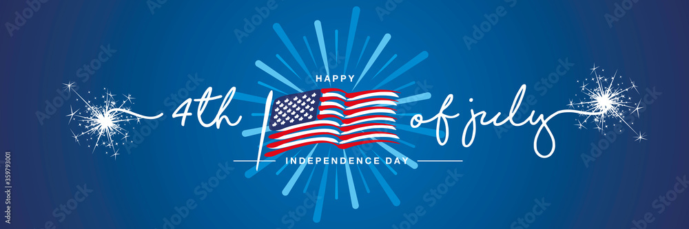 Fototapeta premium 4th of july handwritten typography happy Independence day firework US abstract wavy flag blue background banner