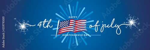 4th of july handwritten typography happy Independence day firework US abstract wavy flag blue background banner