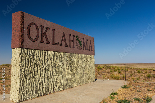 Oklahoma border sign on State Highway 287 from Texas

