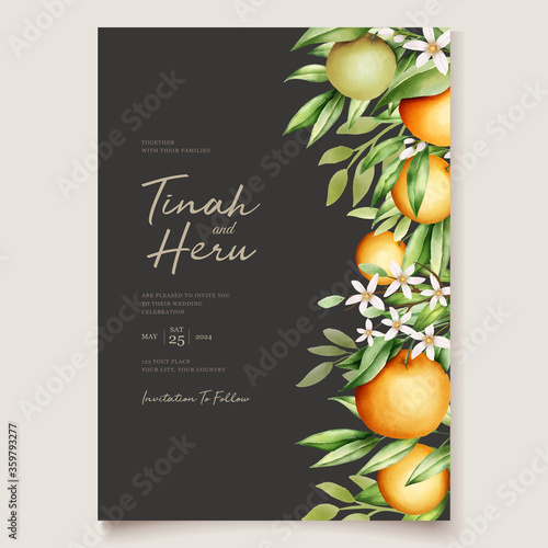 Botanical watercolor orange fruits wedding invitation card template