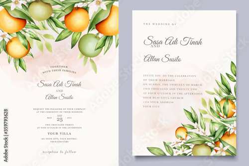 Botanical watercolor orange fruits wedding invitation card template