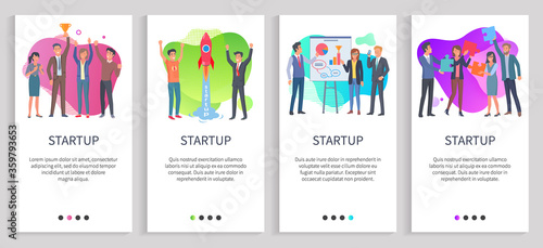 Startup presentation of businessman vector, person with partners on meeting, gathering of entrepreneurs, male with prize achievement of team. Website or slider app, landing page flat style