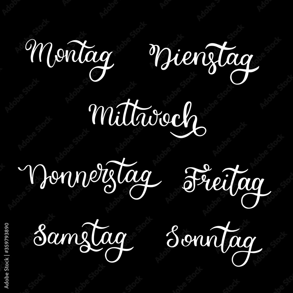 Lettering in German, days of the week - Monday, Tuesday, Wednesday, Thursday, Friday, Saturday, Sunday. Handwritten words for calendar, weekly plan, organizer. Lettering in German, days of the week - Monday, Tuesday, Wednesday, Thursday, Friday, Saturday, Sunday. Handwritten words for calendar, weekly plan, organizer.