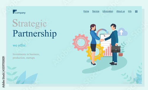 Partnership strategic, offer investments in business, production and startup. Workers shaking hands, company union online, marketing innovation vector. Website or landing page template flat style