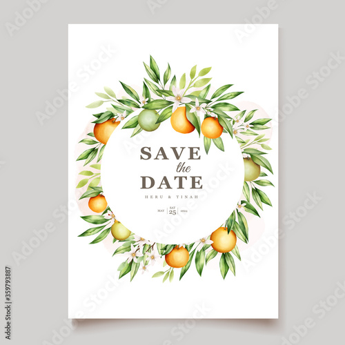 Botanical watercolor orange fruits wedding invitation card template