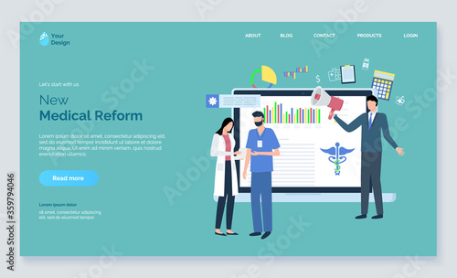 Monitor of laptop with webpage, new medical report, man and woman doctors, person with speaker, rights or bill in medicine, screen of clinic stats vector. Website template, landing page flat style